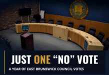 In One Year, East Brunswick Council Members Cast Just One No Vote The empty curved dais of the East Brunswick Township Council chamber beneath the township seal, overlaid with the words "Just one “no” vote — a year of East Brunswick Council votes."