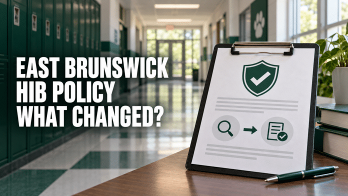 Graphic reading "East Brunswick HIB Policy: What Changed?" beside a clipboard with a review-process icon in a school hallway