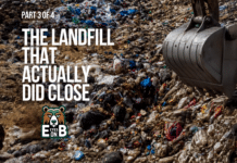 The Landfill That Actually Did Close A close-up of a landfill working face covered in mixed refuse and plastic waste, with the steel bucket of an excavator lowered into the frame at right. Overlaid title card reads: Eyes on EB, Part 3 of 4, The Landfill That Actually Did Close.
