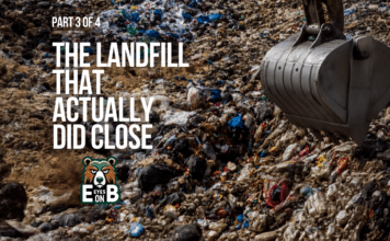 The Landfill That Actually Did Close A close-up of a landfill working face covered in mixed refuse and plastic waste, with the steel bucket of an excavator lowered into the frame at right. Overlaid title card reads: Eyes on EB, Part 3 of 4, The Landfill That Actually Did Close.