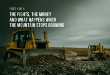 The Fights, the Money and What Happens When the Mountain Stops Growing Two yellow tracked machines working a bare, refuse-strewn landfill surface under a dark overcast sky: a bulldozer with a raised blade in the foreground and a compactor further back along the ridge. Overlaid title card reads: Eyes on EB, Part 4 of 4, The Fights, the Money and What Happens When the Mountain Stops Growing.