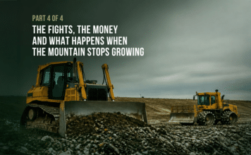 The Fights, the Money and What Happens When the Mountain Stops Growing Two yellow tracked machines working a bare, refuse-strewn landfill surface under a dark overcast sky: a bulldozer with a raised blade in the foreground and a compactor further back along the ridge. Overlaid title card reads: Eyes on EB, Part 4 of 4, The Fights, the Money and What Happens When the Mountain Stops Growing.