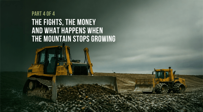 The Fights, the Money and What Happens When the Mountain Stops Growing Two yellow tracked machines working a bare, refuse-strewn landfill surface under a dark overcast sky: a bulldozer with a raised blade in the foreground and a compactor further back along the ridge. Overlaid title card reads: Eyes on EB, Part 4 of 4, The Fights, the Money and What Happens When the Mountain Stops Growing.