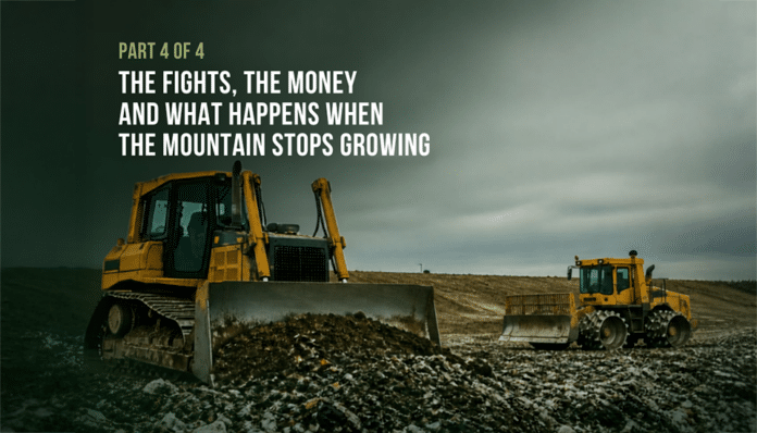 Two yellow tracked machines working a bare, refuse-strewn landfill surface under a dark overcast sky: a bulldozer with a raised blade in the foreground and a compactor further back along the ridge. Overlaid title card reads: Eyes on EB, Part 4 of 4, The Fights, the Money and What Happens When the Mountain Stops Growing.