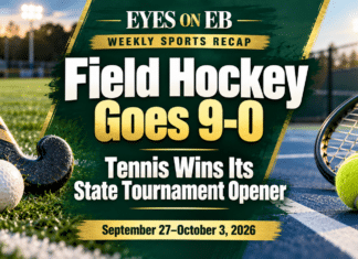 East Brunswick Fall Sports Roundup: Field Hockey Goes 9-0, Tennis Wins Its State Tournament Opener Eyes on EB weekly sports recap graphic reading "Field Hockey Goes 9-0, Tennis Wins Its State Tournament Opener, September 27 to October 3, 2026," with a field hockey stick and ball on turf and a tennis racket and ball on a court