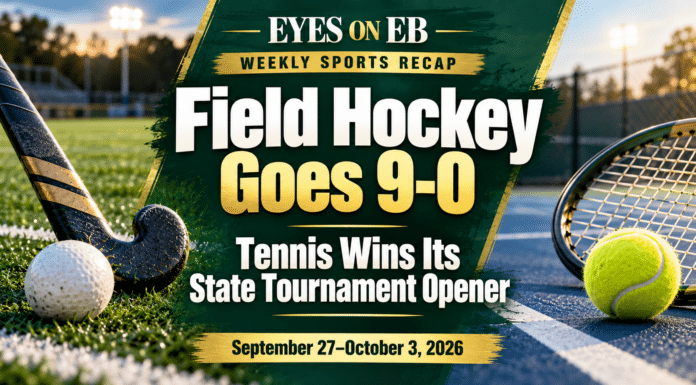 East Brunswick Fall Sports Roundup: Field Hockey Goes 9-0, Tennis Wins Its State Tournament Opener Eyes on EB weekly sports recap graphic reading "Field Hockey Goes 9-0, Tennis Wins Its State Tournament Opener, September 27 to October 3, 2026," with a field hockey stick and ball on turf and a tennis racket and ball on a court