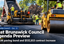East Brunswick Council to Vote on $1.1 Million Paving Bond and a $532,815 Increase to This Year’s Road Contract Illustration of a road crew paving a residential street with a dump truck, paver and roller, with the text "Township Council, Oct. 12: East Brunswick Council Agenda Preview, $1.1M paving bond and $532,815 contract increase"