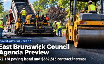 East Brunswick Council to Vote on $1.1 Million Paving Bond and a $532,815 Increase to This Year’s Road Contract Illustration of a road crew paving a residential street with a dump truck, paver and roller, with the text "Township Council, Oct. 12: East Brunswick Council Agenda Preview, $1.1M paving bond and $532,815 contract increase"