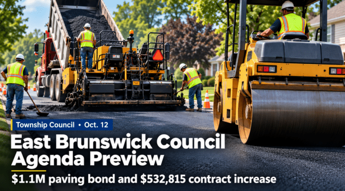 East Brunswick Council to Vote on $1.1 Million Paving Bond and a $532,815 Increase to This Year’s Road Contract Illustration of a road crew paving a residential street with a dump truck, paver and roller, with the text "Township Council, Oct. 12: East Brunswick Council Agenda Preview, $1.1M paving bond and $532,815 contract increase"