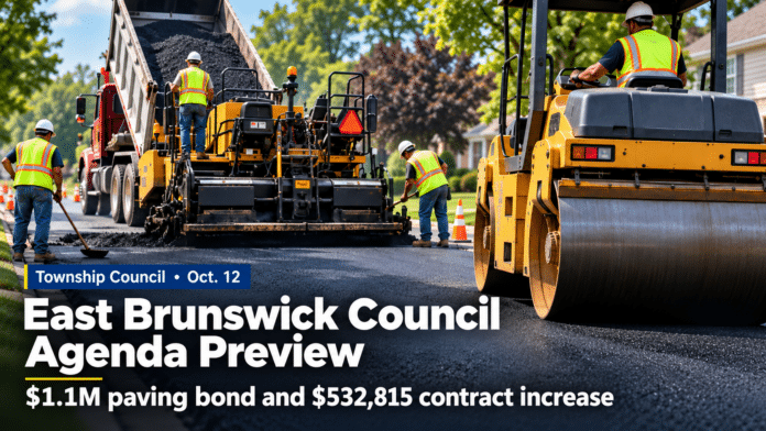 Illustration of a road crew paving a residential street with a dump truck, paver and roller, with the text "Township Council, Oct. 12: East Brunswick Council Agenda Preview, $1.1M paving bond and $532,815 contract increase"