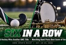 East Brunswick Fall Sports Roundup: Field Hockey Wins Sixth Straight GMC Title, Band Posts Season-Best Score Eyes on EB sports recap graphic reading "Six in a Row: Field Hockey Wins Another GMC Title, Marching Band Posts Best Score of the Fall, EBHS Sports Recap, Oct. 19-25, 2026," with a field hockey stick and ball on turf beside a marching bass drum and trumpet under stadium lights