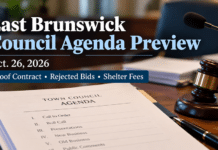 East Brunswick Council to Consider $1.2 Million Roof Contract and Rejection of Three Sets of Bids Graphic reading "East Brunswick Council Agenda Preview, Oct. 26, 2026: Roof Contract, Rejected Bids, Shelter Fees" over a photo of a printed town council agenda, a gavel and a microphone on a wooden table.