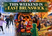 This Weekend in East Brunswick, Oct. 23 to 25: Trunk-or-Treats, a Field Hockey Final and the Band at Class Championships Eyes on EB graphic reading "This Weekend in East Brunswick, October 23-25, 2026," with families ice skating, children in Halloween costumes trick-or-treating at a decorated car trunk, and a fall festival with pumpkins, mums and a gazebo